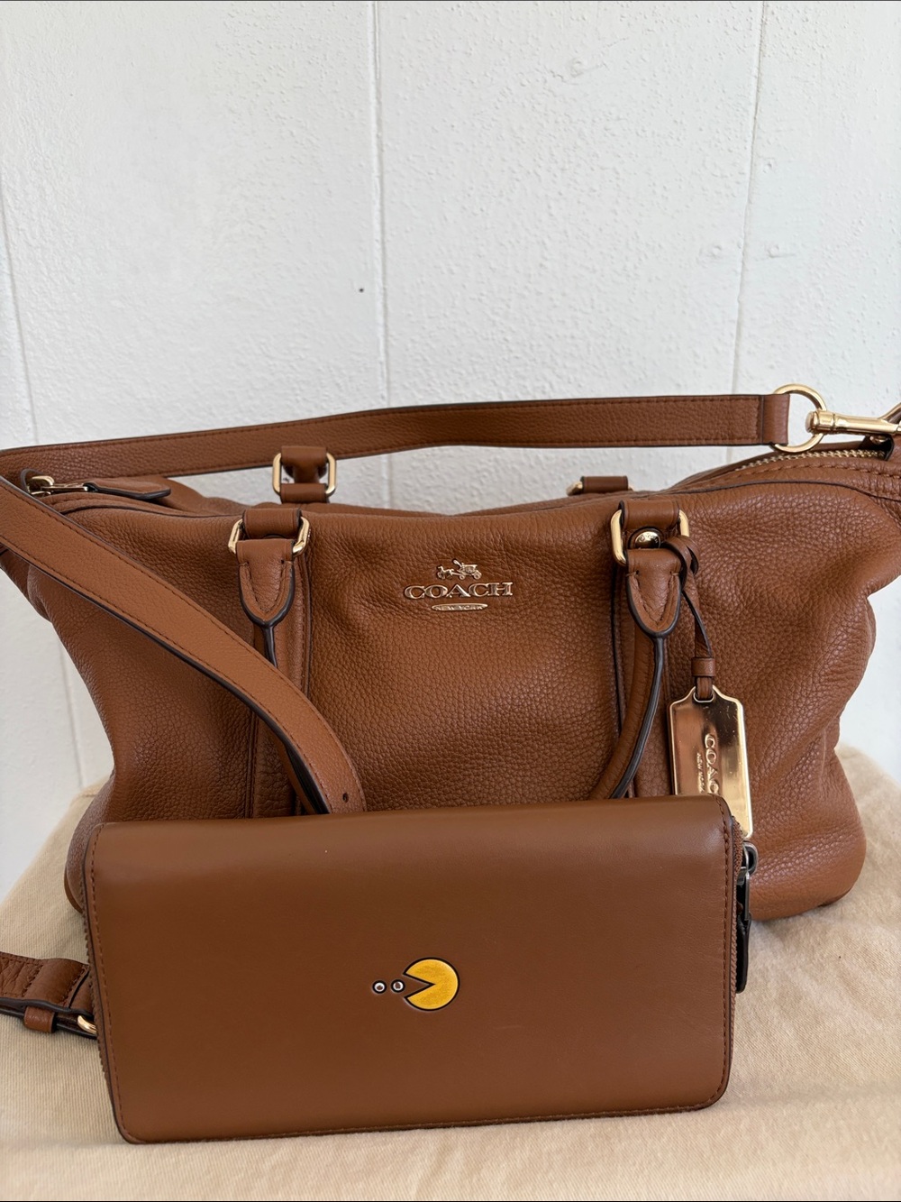 Coach Brown Pebbled Leather Shoulder Bag with Matching Brown Wallet